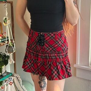 90s Punk Charlotte Russe Red Tartan Plaid Pleated Mini Skirt w Lace Up Detail